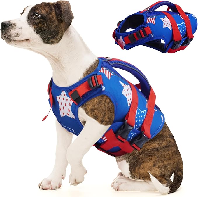 Kuoser Dog Life Jacket High Flotation, American Flag Dogs Life Vest for Swimming Boating, 4th of July Dog Lifejacket with Reflective & Rescue Handle, Adjustable Doggy Life Preserver for Small Dogs, S