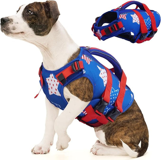 Kuoser Dog Life Jacket High Flotation, American Flag Dogs Life Vest for Swimming Boating, 4th of July Dog Lifejacket with Reflective & Rescue Handle, Adjustable Doggy Life Preserver for Small Dogs, S