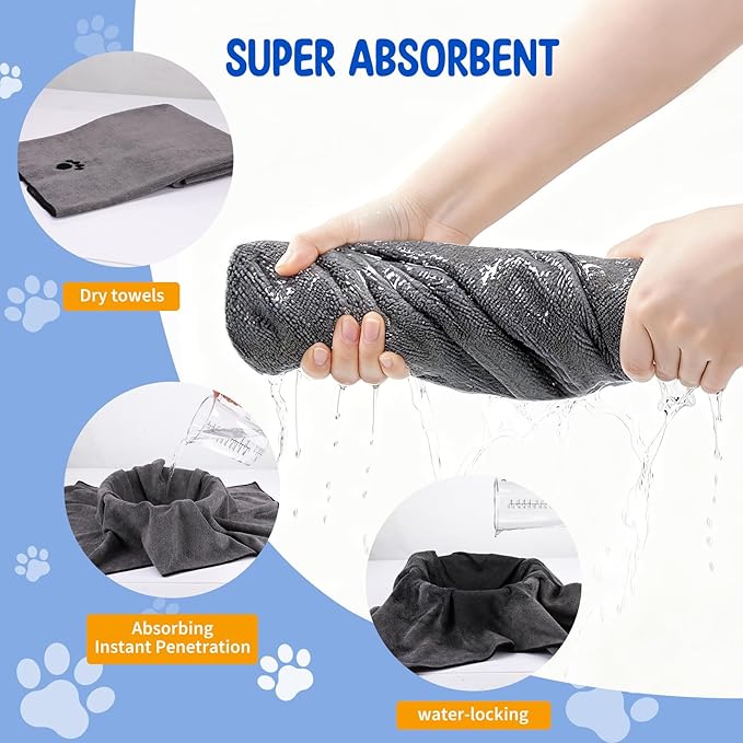 ATONET Microfiber Dog Towels for Drying Dogs, 40'' X 23.6'', Super Absorbent and Soft Pet Grooming Towel, Perfect Shower & Bath Supplies for Dogs(2 Pack Grey)