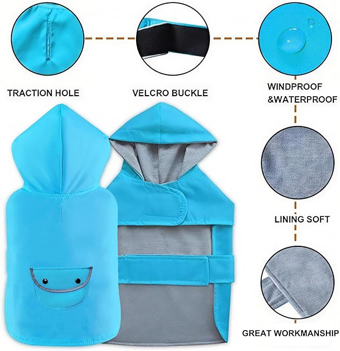 Dog Raincoat Small Dogs Rain Jacket Waterproof Pet Clothes Reflective Poncho Rainwear Breathable Lined Pocket Hooded Leash Hole Adjustable for Puppy,Blue,S,Back Length 8.6 Inch