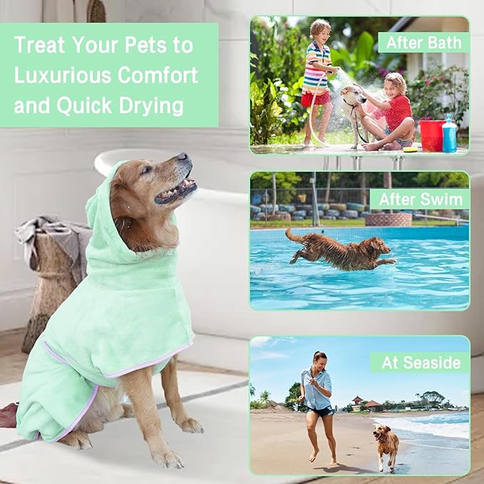 Pet Bathrobe for Dog Cat Absorbently Quick Drying Coat Cute Dogs Bath Towel Hooded Robe Adjustable Collar & Belly Strap for Pool Beach (Green, X-Small)
