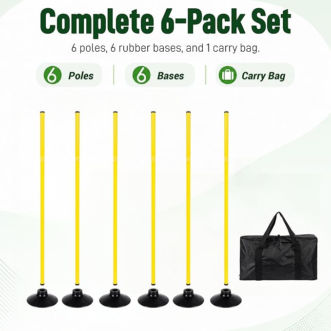 6 Pack Soccer Agility Training Poles, 5 FT Adjustable Speed and Agility Training Equipment for Football/Basketball/Dog Practice, Bending Poles for Horses with Rubber Bases and Carry Bag