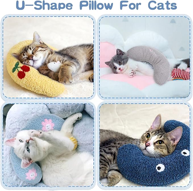 4 Pcs Pillows for Cats Puppy Bed, Soft Fluffy Pet Calming Toy, Half Donut U Shaped Pet Neck Pillow, Training Toy Joint Relief Cervical Protection (4 Patterns)