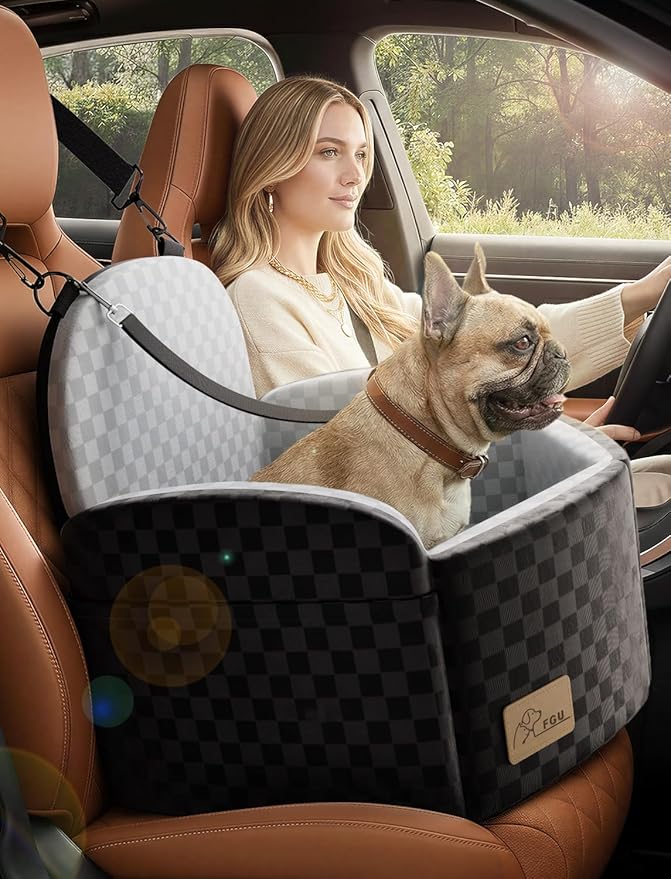 Dog Car Seat for Small/Medium Dogs, Elevated Dog Booster Seat with Memory Foam Cushion for Dogs Under 35lbs, Detachable Washable Pet Car Seats with Storage Pockets & 2 Safety Belts (Grey)