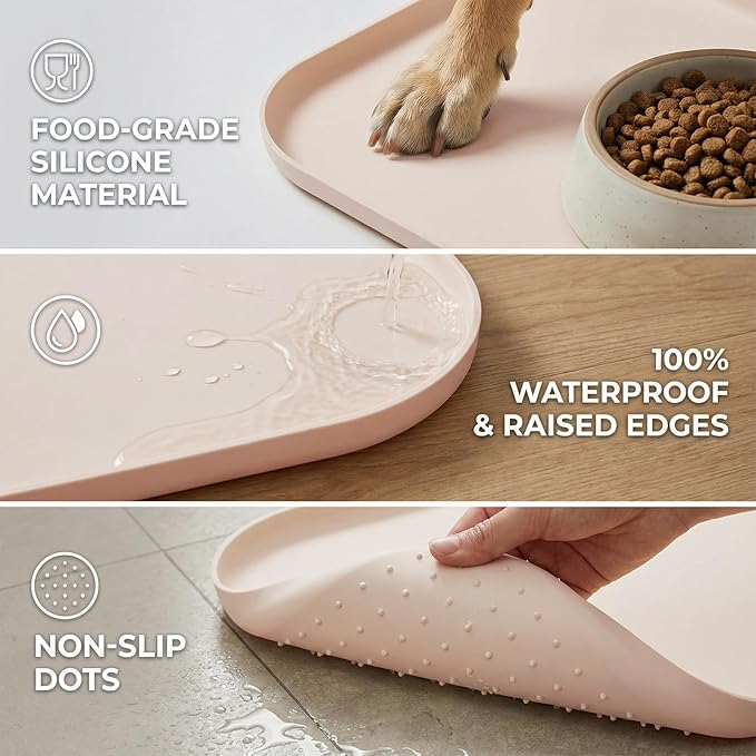 BLESWIN Non-Slip Silicone Dog Food Mat for Food and Water, 18" x 12" Raised Edge Pet Feeding Mat - Waterproof Dog Bowl Mat Easy Clean for Floor Protector,Beige