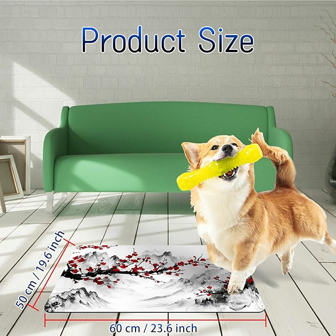 Dog Food Mat, 19.6" x 23.6" Absorbent Pet Feeding Mat for Food and Water, Waterproof Diatom Mud Pet Placemat with Non-Slip Rubber Backing, Cat Bowl Mat for Floors - Peach Blossom Tree Sunset