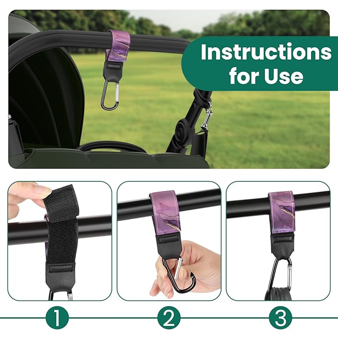 Stroller Straps, Mommy Hooks Diaper Bags, Universal Shopping cart, Wallet, Backpack - 2 Packs (Purple Butterfly)