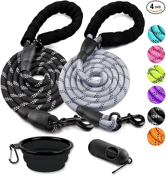 COOYOO 2 Pack Dog Leash 6 FT Heavy Duty - Comfortable Padded Handle - Reflective Dog Leash for Medium Large Dogs with Collapsible Pet Bowl