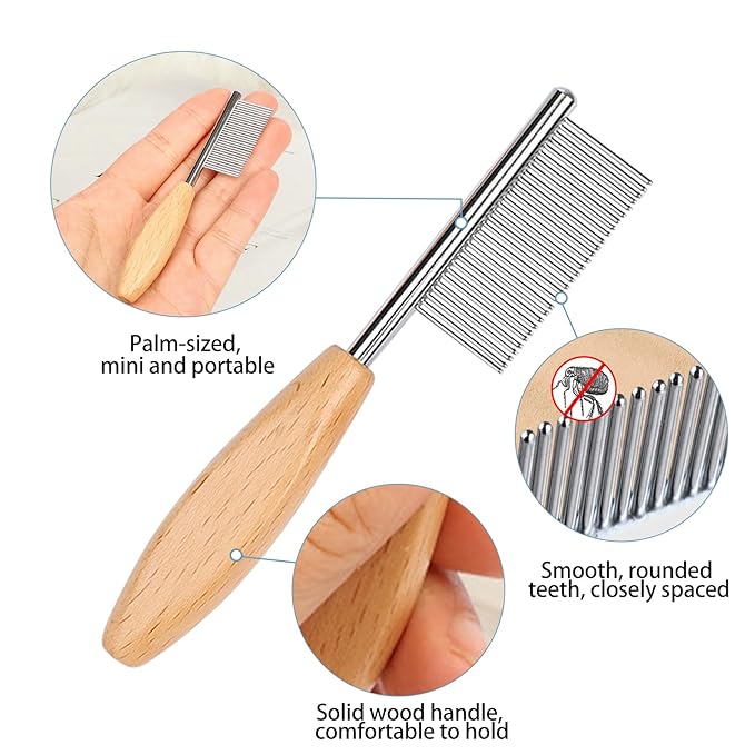HOP Small Dog Comb with Wooden Handle Dog Eyes&Face Metal Comb Pet Fine Tooth Flea Comb Pet Grooming Tool for Dogs Cats Rabbits Guinea Pigs Gentle Remove Loose Hair Tangles Dirt Fleas