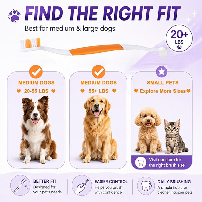 Dog Toothbrush – Newly Upgraded Dual-Head Design with 60° Wavy Bristles–Gently Surrounds Teeth for Deep Cleaning and Plaque Removal – Non-Slip Handle, Ideal for Daily Pet Dental Care (Orange, 6-Pack)