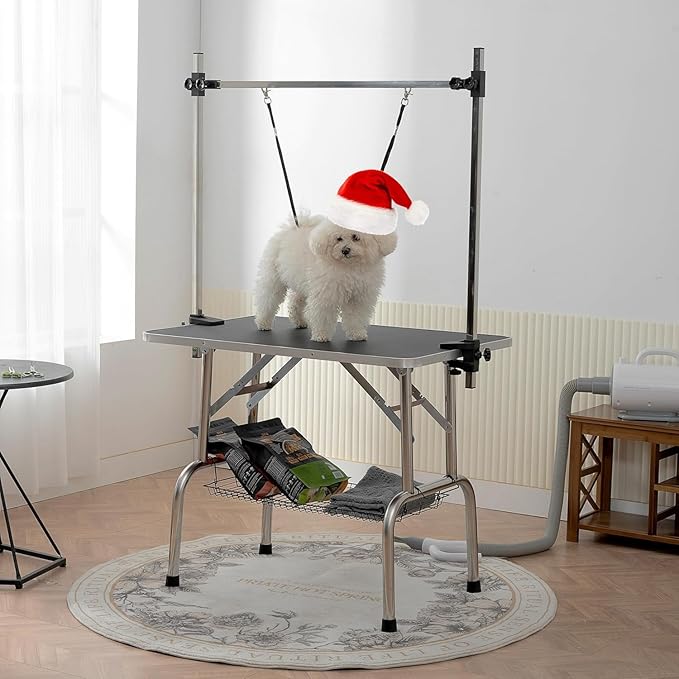 Pet Dog Grooming Table, Foldable Stainless Steel Pet Drying Grooming Table Up to 330lbs, Professional Bathing Desk for Dogs at Home with Adjustable Overhead Arms, Noose, Mesh Tray, 46''/Black