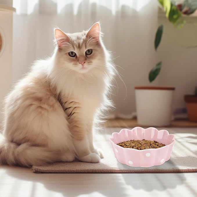 Ceramic Cat Bowl, Scalloped Edge with White Polka Dots – Pet Feeding Dish with Anti-Slip Base for Cats and Small Dogs, Pink