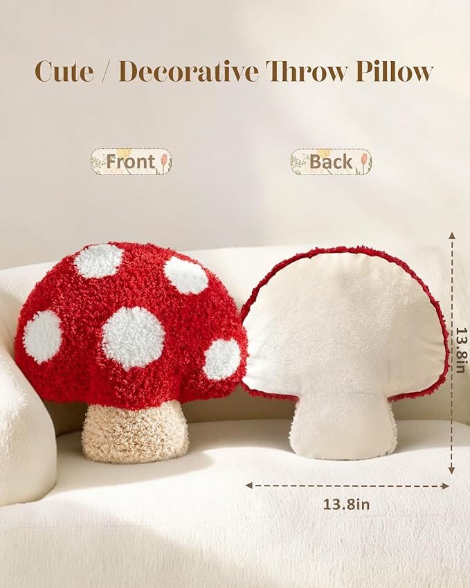 Mushroom Shaped Throw Pillow - Cute Decorative Plush Throw Pillow for Couch, Sofa, or Living Room, 13.8" x 13.8" Soft Stuffed Cushion for Home Decor