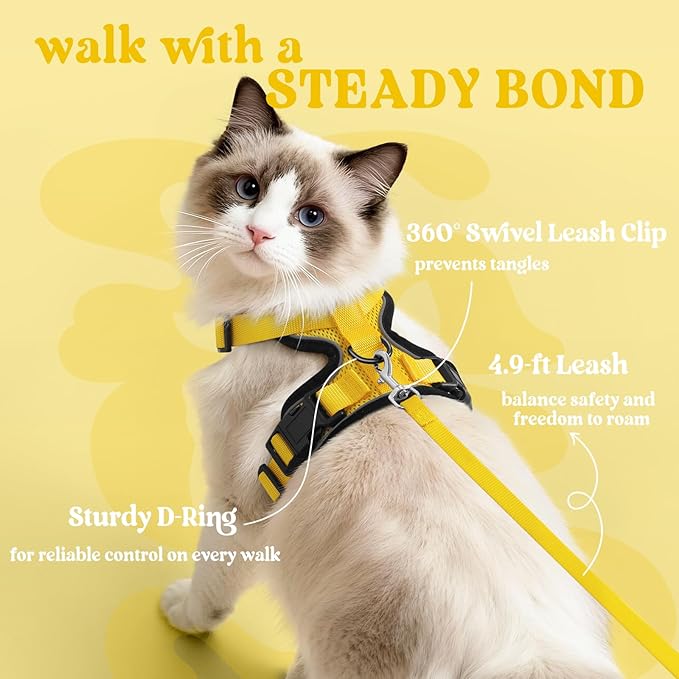 rabbitgoo Cat Harness and Leash Set, Escape Proof Vest Harness for Safe Outdoor Walks, Soft Breathable Adjustable Vest with Reflective Strips for Small and Average Cats, Yellow, S
