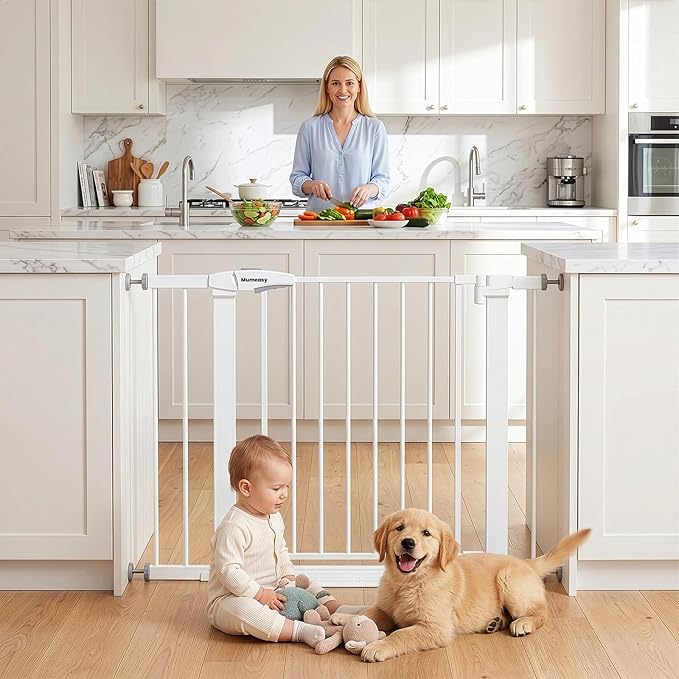 Baby Gate for Stairs, 29.7-40.6" Auto Close Dog Gate Indoor for Doorways, Dual-Lock Design, Adjustable Pet Gate No Drilling with Walk Thru Door for Hallways, Stroller Friendly, White