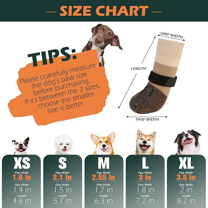 EXPAWLORER Anti Slip Dog Socks to Prevent Licking Paws, Dog Shoes for Hot Pavement, Dog Booties for Hardwood Floors, Dog Boots & Paw Protectors with Grippers for Small Medium Large Senior Dogs Khaki L