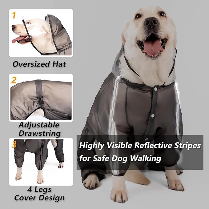 Olsa Dog Raincoat, Dog Hooded Slicker Poncho, 4 Legs Rain Jacket with Reflective Stripe, Transparent Water Proof Resistant Rain Snow Clothes for Small Medium Large (Black, L)