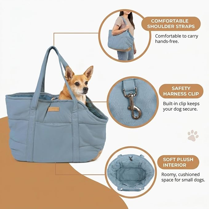 Plush Dog Purse Carrier for Small Dogs, Soft Dog Tote Bag with Safety Harness Clip, Cozy Pet Carrier for Dogs Under 15 lbs, Comfortable Dog Shoulder Carrier for Travel, Light Blue