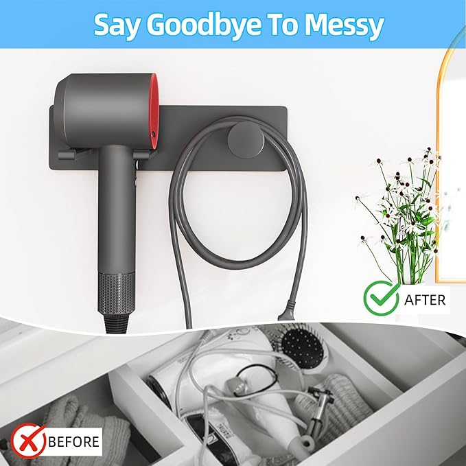 XIGOO Self Adhesive Hair Dryer Holder Wall Mounted-Bathroom Hair Blow Dryer Rack Organizer Compatible with Supersonic Hair Dryers, Matte Black