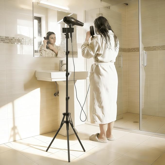 Hair Dryer Stand With 180 Degree Rotating, Free Hands Blow Dryer Holder With Tripod And Universal Clip, 30-61 Inch Adjustable Hair Dryer Holder For Bathroom, Vanity, Makeup Room