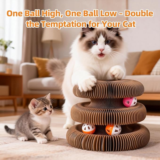 Upgraded Double Layer Curls Cardboard Cat Toy, Magic Organ Cardboard Cat Scratcher with Cat Toy Ball Track for Kitten Kitty, Foldable Accordion Interactive Cats Ball Toy for Indoor Cats