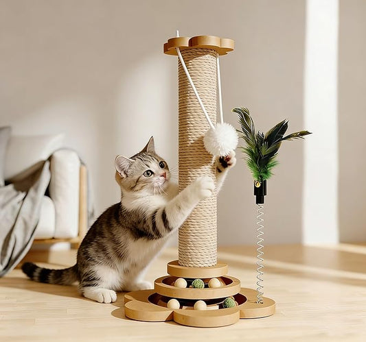 Cat Scratching Post, cat scratchers for Indoor Cats Natural Sisal Scratcher with 2-Level Trackball & 2 Hanging Balls, Sturdy cat Scratching Post 4-in-1 Interactive Kitten Toy for Indoor Cats