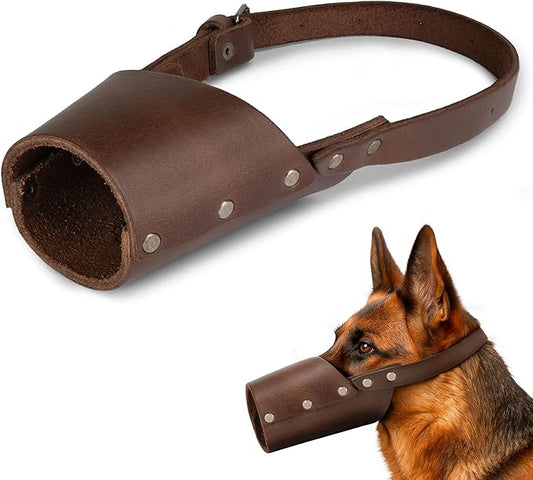Taco Dog, Leather Dog Muzzle Guard Handmade from Full Grain Leather - Secure Training Cover, Mouth Guard Mask Prevents Biting Chewing (Bourbon Brown, Large)