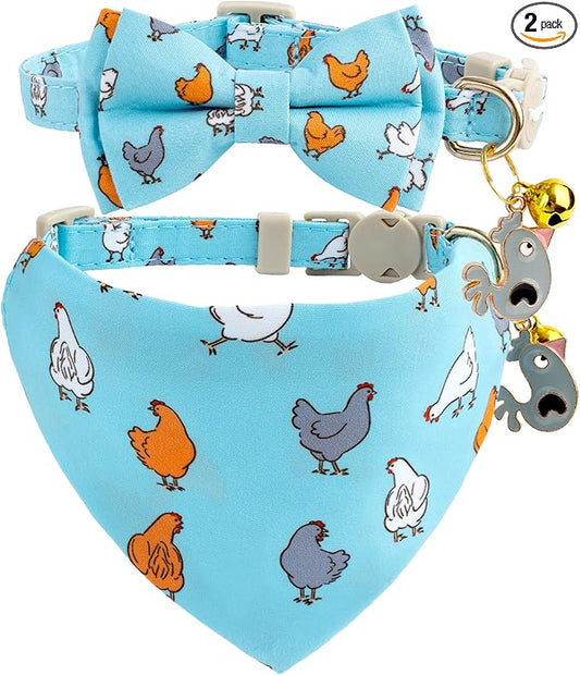 Faygarsle 2 Pack Chicken Pattern Cat Collar Set with Bandana and Bowtie, Light Blue, Breakaway Safety Clasp with Bell