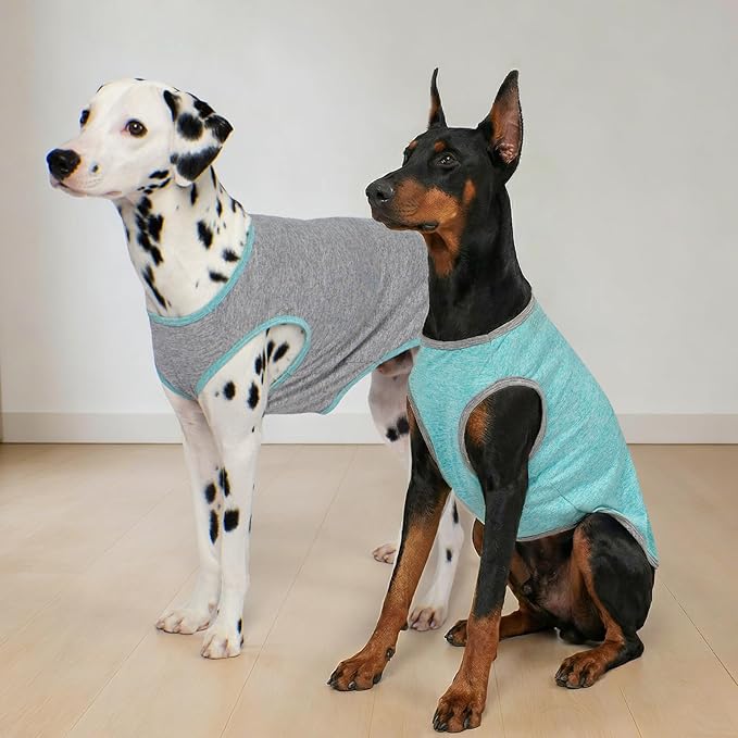 KYEESE 2 Pack Dog Shirts Quick Dry Soft Stretchy Sun Protection Pet T-Shirts with Reflective Label Tank Top Sleeveless Vest Dog Clothes for Medium Large Dogs, XX-Large, Grey+Blue