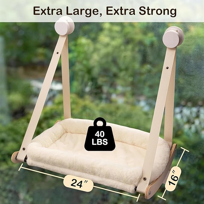 Cat Window Perch, Cat Hammock for Window with 4 Strong Suction Cups - Easy Assembly, Solid Wood Frame with Large Cats Bed - Supports Up to 40lbs for Indoor Cats Beige