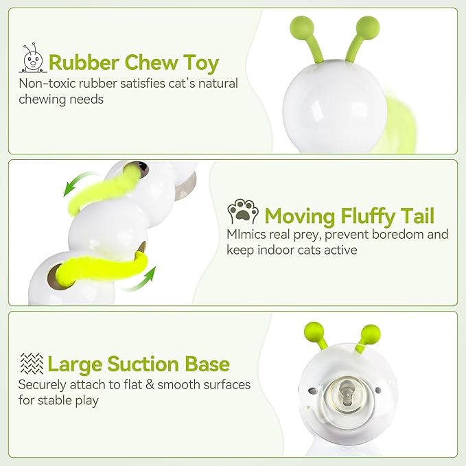 ALL FOR PAWS Interactive Cat Toy for Indoor Cats, Automatic Motion Activated Fluffy Tail Cat Toy, Electric Teaser Wand for Kittens & Bored Cats, USB Rechargeable Caterpillar Toy with Suction Cup