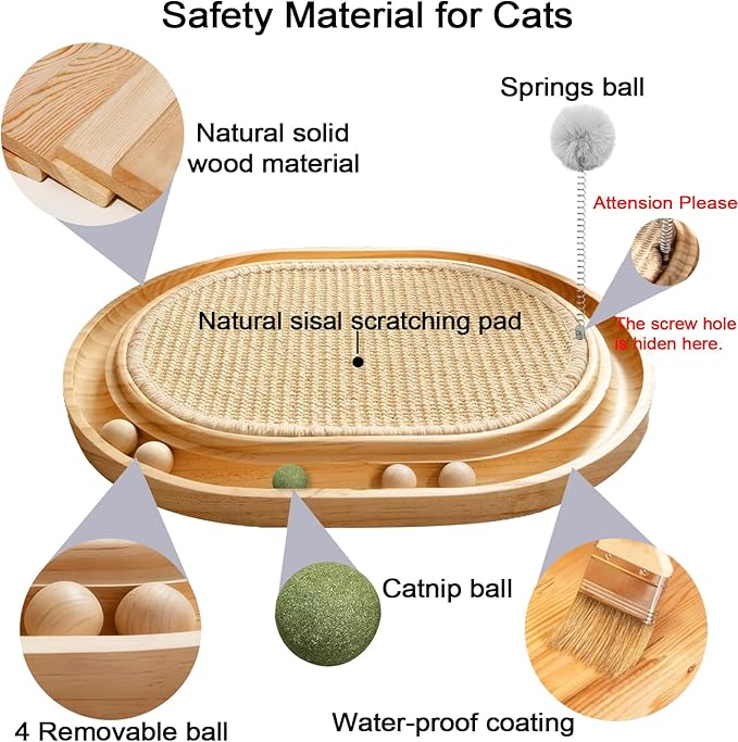 Sisal Cat Scratcher Pad with Wooden Ball Track Toy,Interactive Cat Toys for Kittens & Adult Cats Indoor, Anti-Scratch Furniture Protector for Bored Pet, Cat Enrichment Puzzle