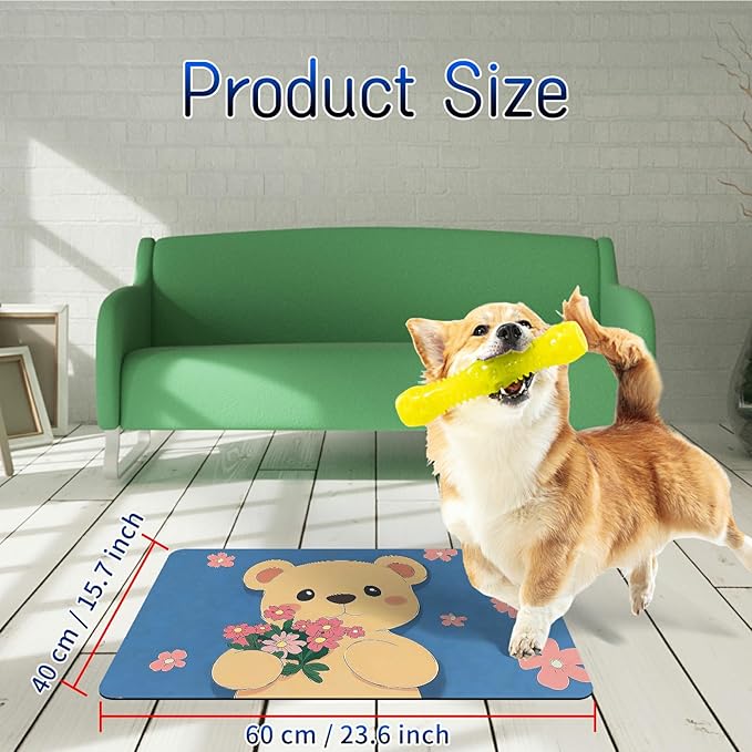 Dog Food Mat, 15.7" x 23.6" Absorbent Pet Feeding Mat for Food and Water, Waterproof Diatom Mud Pet Placemat with Non-Slip Rubber Backing, Easy Clean Cat Bowl Mat for Floors - Pink Flower Bear