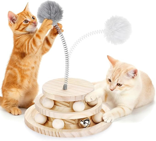 2-in-1 Wooden cat Toy Tower with Spring cat Toy Stick, Indoor Interactive Track Ball for Kittens+Bell Toy - Puzzle Solving, Exercise and Play