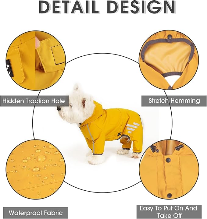 Dog Raincoat, Waterproof Dog Rain Jacket with Hood, Rain Coat with Leash Hole, Reflective Strap for Small Medium Dogs, Outdoor Adventures/Walking Lightweight Puppy(Yellow,XS)