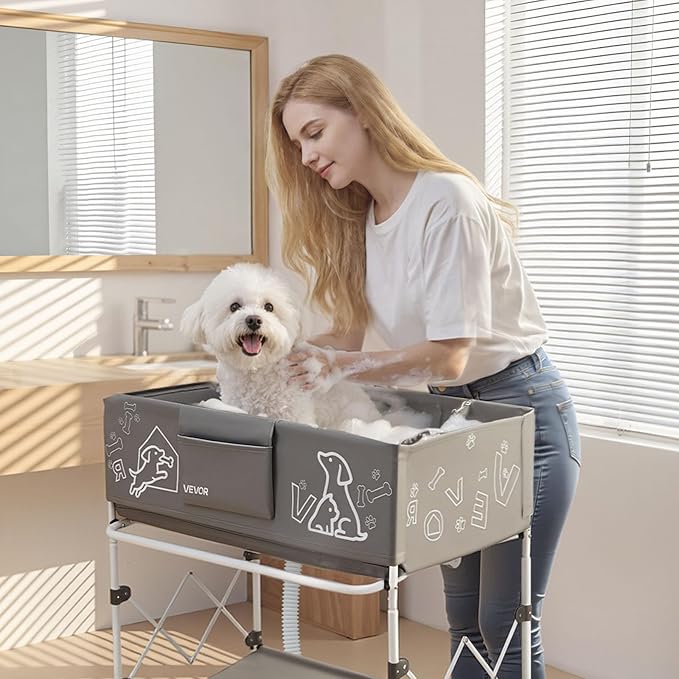 VEVOR Dog Bathtub, Elevated Dog Bath Tub, Collapsible Pet Bathing Grooming Wash Station, Portable Foldable Space-Saving, with Built-in Drain Hose for Small and Medium Pet Cat Indoor & Outdoor, Gray