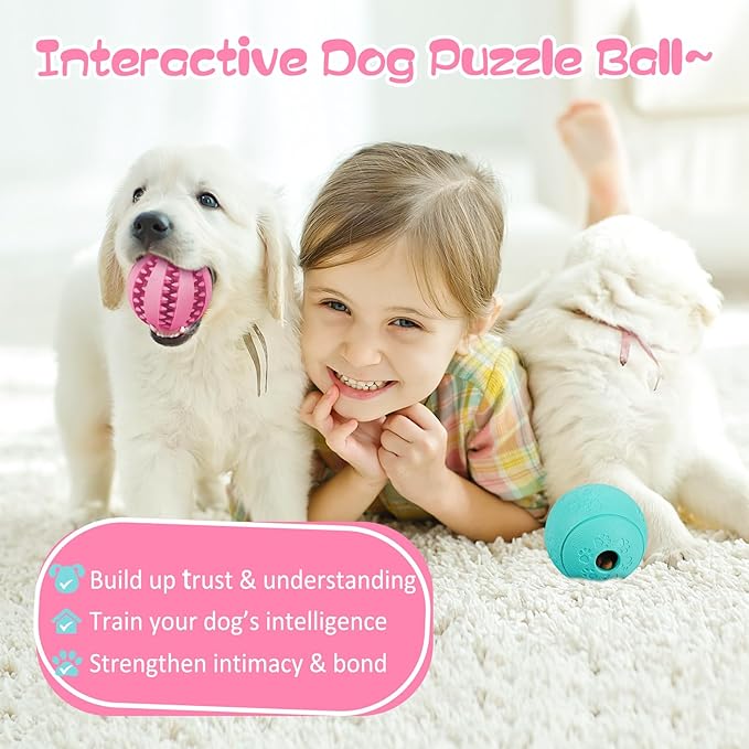 HIPPIH Dog Puzzle Toy 2 Pack, Interactive Dog Toys for Treat Dispensing, Durable Puppy Toys for Teething, Dog Treat Ball for Teeth/Slow Feeder/IQ Training/Playing, Pink-2.75‘’, Green-3.14‘’