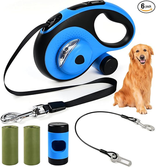 Heavy Duty Retractable Dog Leash for Large Dogs, 26ft Dog Leash with Poop Bag Holder, Up to 110lbs, chew Proof Cable, LED Light, 360° No-Tangle, One-Handed Pause & Locked (Blue, L 26ft)