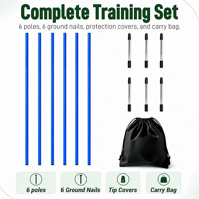6 Pcs Soccer Agility Poles for Training, 5 FT Adjustable Speed and Agility Training Equipment for Football/Basketball/Horse/Dog Practice, Soccer Sticks with Steel Ground Nails Outdoors
