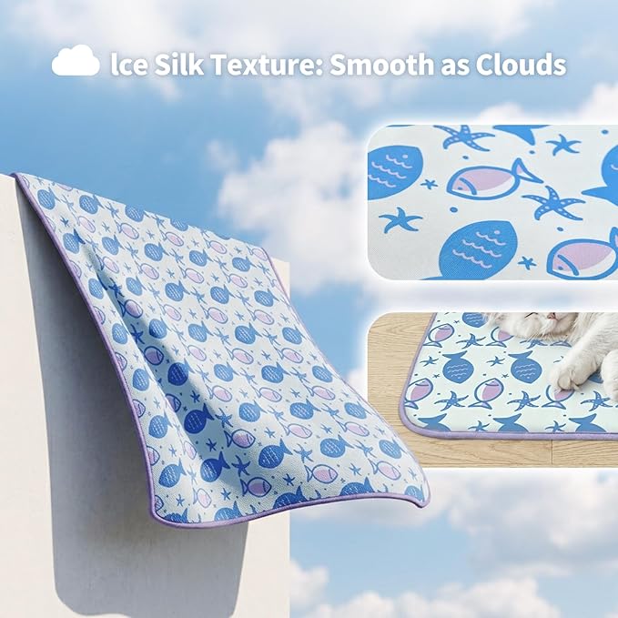 NWK Pet Cooling Mat -Q-Max>0.345 Ice Silk Cooling Mat for Dogs & Cats Portable & Washable Pet Cooling Blanket, Car Seats, Beds for Summer (Purple Fish, 27'' X 20'' X 0.3'')