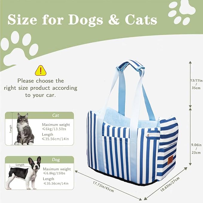 Console Dog Car Seat - Portable Dogs Armrest Booster Seat for Small Dog, Anti-Collapse Pet Car Seat with Soft Cushion Safety Belt, Support Pet Up to 15lbs (Blue& White Stripes)