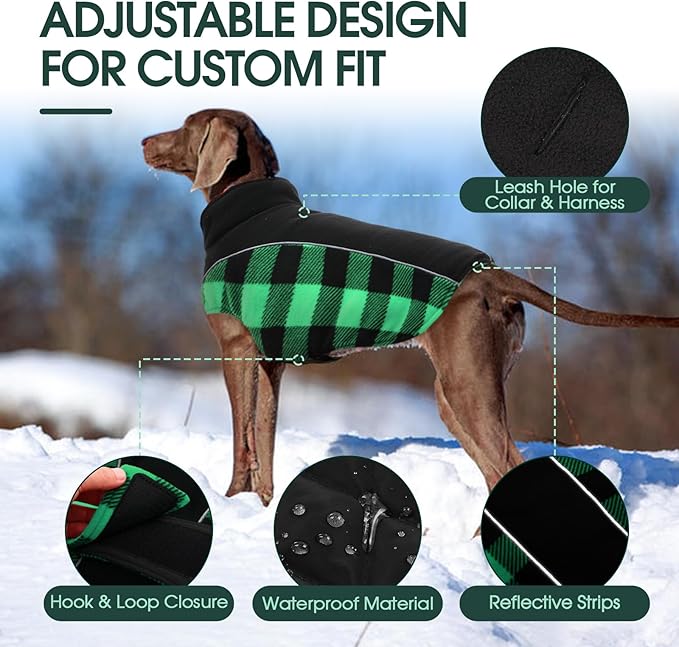 Kuoser Dog Winter Coat, Reversible Waterproof Dog Jacket with Reflective Strip, Warm Dogs Fleece Vest Adjustable Doggy Cold Weather Clothes Plaid Christmas Outfit Pet Apparel for Large Dogs, Green XL