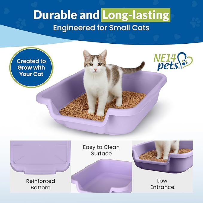 KittyGoHere Senior Cat Litter Box, Small Litter pan, Open Top Low Entrance Kitty Litter Box, Lightweight Low Entry Litters Box, Durable, Made in USA (2 Pack - Storybook Lavendar)