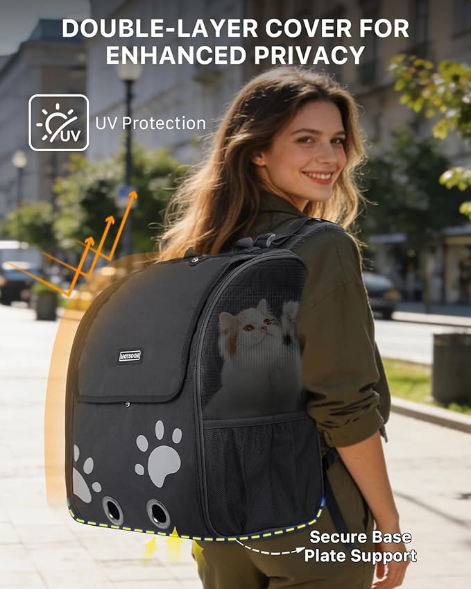 Cat Backpack Carrier with Comfort Handle, Ventilated Cat Backpack with Reflective Strips, with Chest and Shoulder Buckles, Foldable Cat Carrying Backpack for Kitty Small Dog up to 15lbs(Black).