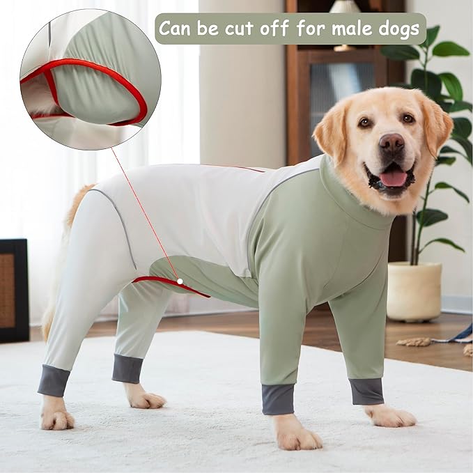 Dog Onesie Coat - Water-Repellent & Stretchable, Dirt-Resistant Outdoor Puppy Suit with Reflective Strips | Controls Shedding | for Small, Medium, Large Dogs (Beige, 7XL(Weight 100-138 lbs))