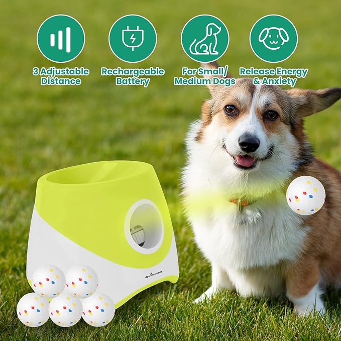 Automatic Dog Ball Launcher, Rechargeable Interactive Fetch Toy for Small & Medium Dogs, 3 Adjustable Distance Settings (20ft/33ft/46ft), 6Pcs 2.3in ETPU Balls, Indoor/Outdoor Pet Ball Thrower