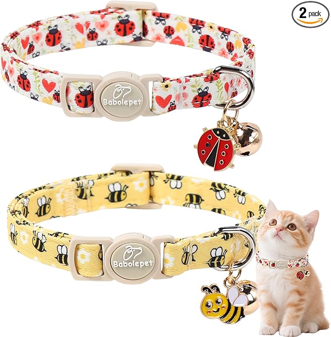 2 Pack Cute Cat Collars - Cartoon Bee Ladybug Breakaway Cat Collar with Bell & Matching Pendant, Adjustable Spring Summer Kitten Collars for Boy Girl Cats