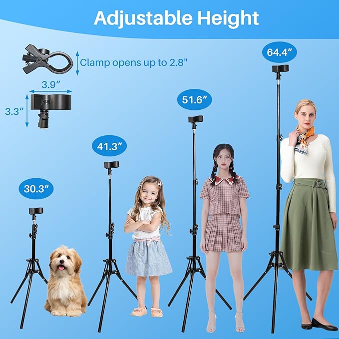 Shouken Adjustable Hands-Free Hair Dryer Stand Holder-64.4 inches,360 Degree Rotation,Blow Dryer Holder Countertop With Non-Slip Tripod and Universal Clip