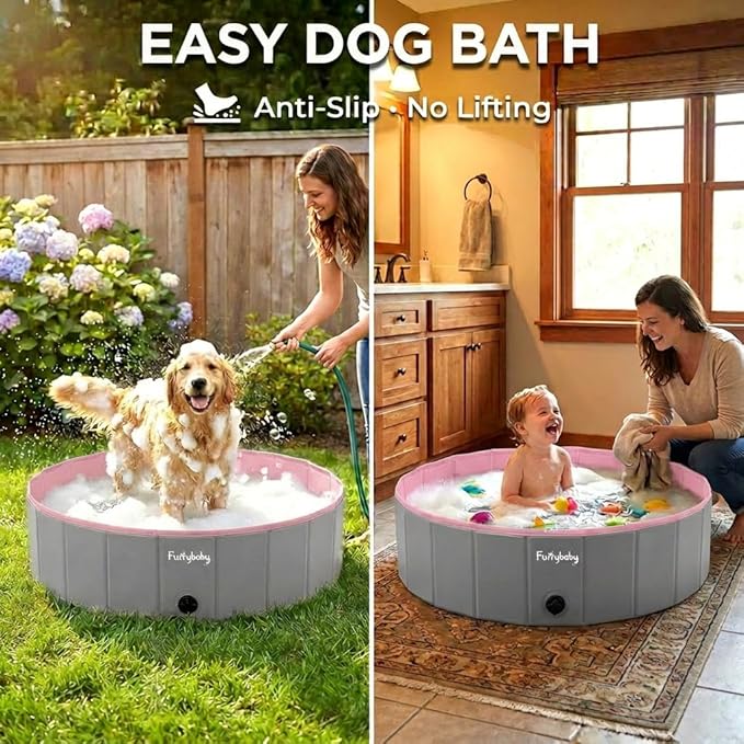 Furrybaby Dog Pool, Kiddie Pool Hard Plastic Foldable Dog Pools for Large Dogs Portable Pet Doggie Wading Swimming (Pink 47'') Indoor and Outdoor