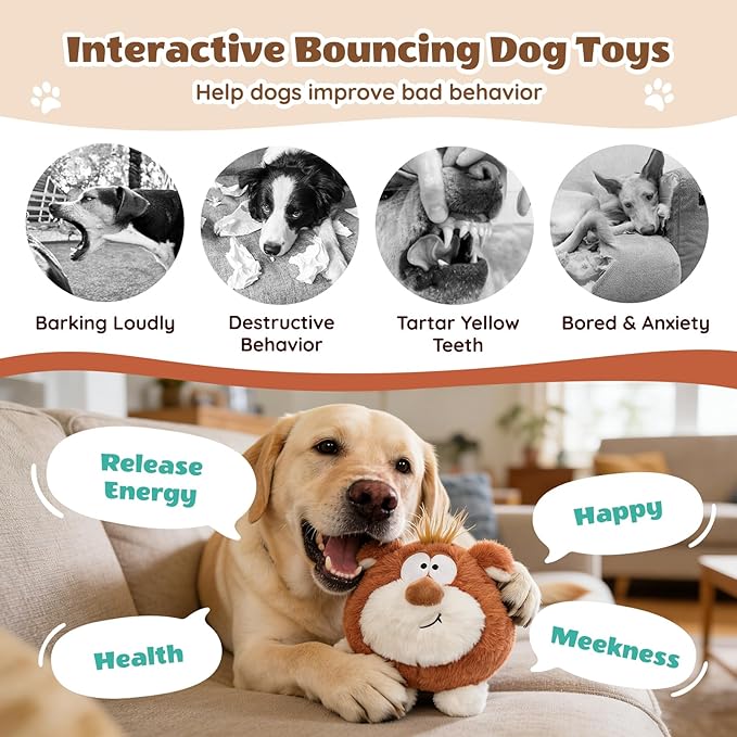 Moving Dog Toys, Interactive Dog Toys to Keep Them Busy, Jumping Squeaky Plush Chew Toys for Small/Medium/Large Dogs, USB Rechargeable